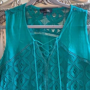 Teal embroidered lace tank top